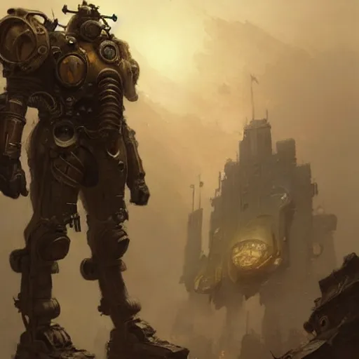 Image similar to concept art of a giant wearing steampunk power armor. illustration, gritty, roman, artgerm, by craig mullins, by gaston bussiere, by greg rutkowski, stylized, trending on artstation, intricate, digital painting, fantasy illustration