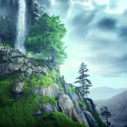 Image similar to giant floating skull mountain, surrounded by clouds, trees on scalp, waterfall, octane render, colored pencil