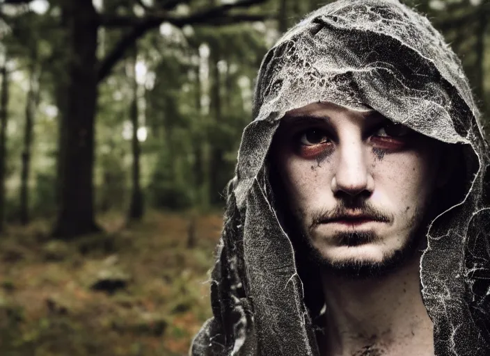 Prompt: character and environment photography, portrait mystical infested 2 0 - year - old male druid, tattered spiderweb hood and robe, reflective eyes, medium shot, wide angle, 2 0 0 px, low key