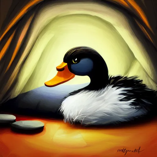 Image similar to duck tucked in bed and going to sleep, dynamic composition, digital painting, trending on artstation, award winning art, stylized painting, dynamic light