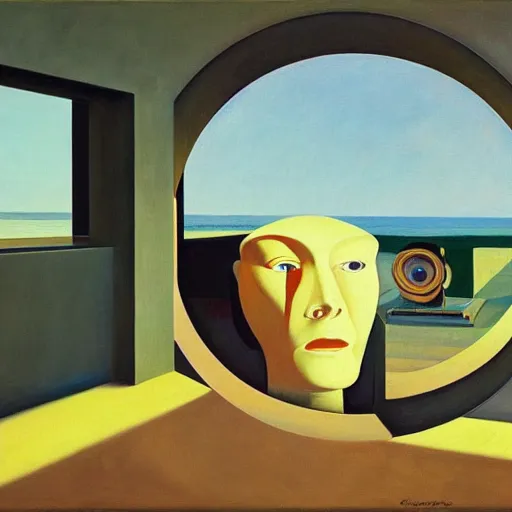 Image similar to portrait of a sophisticated robot inside a dome, pj crook, grant wood, edward hopper, syd mead, chiaroscuro, oil on canvas