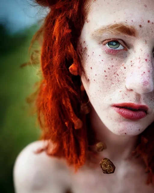 Prompt: Close-up portrait of a woman , close-up, high sharpness, zeiss lens, fashion photo shoot, flowers, red hair, freckles, Annie Leibovitz and Steve McCurry, David Lazar, Jimmy Nelsson, artistic, hyper-realistic, beautiful face, octane rendering