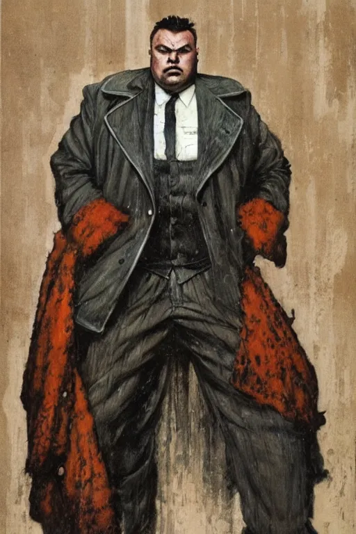 Image similar to full length portrait of eddie hall as a huge tall hulking marvel gangster wearing a leather trench coat standing on street 1 9 3 0 s new york, by lawrence alma tadema and zdzislaw beksinski and norman rockwell and jack kirby and tom lovell and greg staples and michael alford