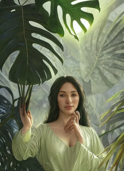 Prompt: a female druid with monstera leaf themed clothing, fully clothed, monstera leaves in the background, holding a glowing orb of leaves, volumetric lighting, D&D, fantasy, intricate, cinematic lighting, highly detailed, digital painting, artstation, concept art, smooth, sharp focus, illustration, art by Artgerm and Greg Rutkowski and Alphonse Mucha