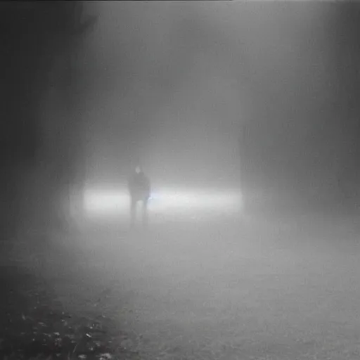 Prompt: a horrific creature in the fog, 3 5 mm, film shot, cctv footage