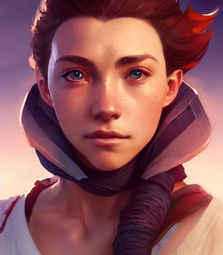 Prompt: beautiful portrait of a gorgeous personal trainer who looks like Aloy , character design by charlie bowater, ross tran, artgerm, and makoto shinkai, detailed, soft lighting, rendered in octane