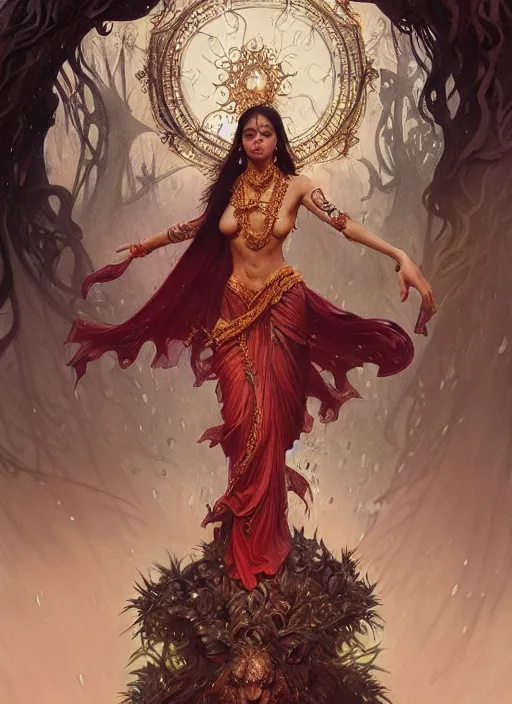 Image similar to kuntilanak on bayan tree, d & d, wet, shiny, fantasy, intricate, baroque, elegant, higly detailed, dramatically art, ultra definition, digital painting, artstation, concept art, smooth, sharp focus, illustration, art by artgerm and greg rutkowski and alphonse mucha and garis edelweiss and alex flores