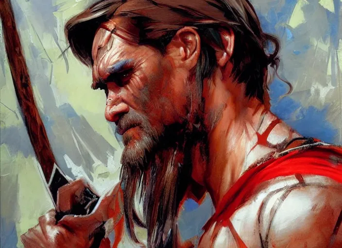 Image similar to a highly detailed beautiful portrait of jim carrey as kratos, by gregory manchess, james gurney, james jean