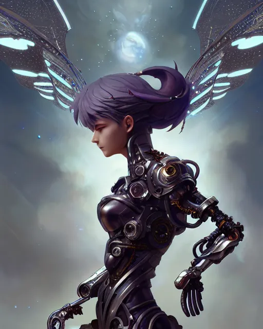 Image similar to 3 / 4 view of a cyborg woman with metal wings, pixie character, genshin impact, fantasy magic, dark light night, intricate, elegant, sharp focus, illustration, highly detailed, concept art, matte, art by wlop and artgerm and greg rutkowski, anime, trending on artstation