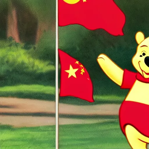 Prompt: winnie the pooh saluting the chinese flag