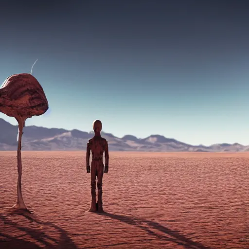 Prompt: A photo of a alien in a desert in Nevada, documentary, realistic, cinematic, extremely high detail, 8k, cinematic, octane render, unreal engine