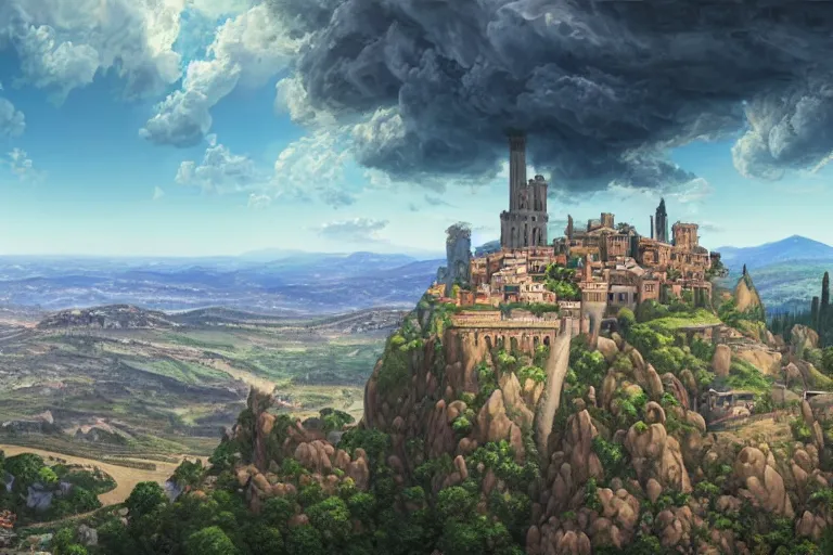 Image similar to an ultra detailed matte landscape painting of an extremely tall and strong young man with short brown hair standing on a cliff overlooking a medieval capital built on top of many hills, italian renaissance architecture, ultrawide lense, aerial photography, 8 k, volumetric lighting, smooth, highly detailed, digital illustration, art by kentaro miura and akira toriyama and artgerm