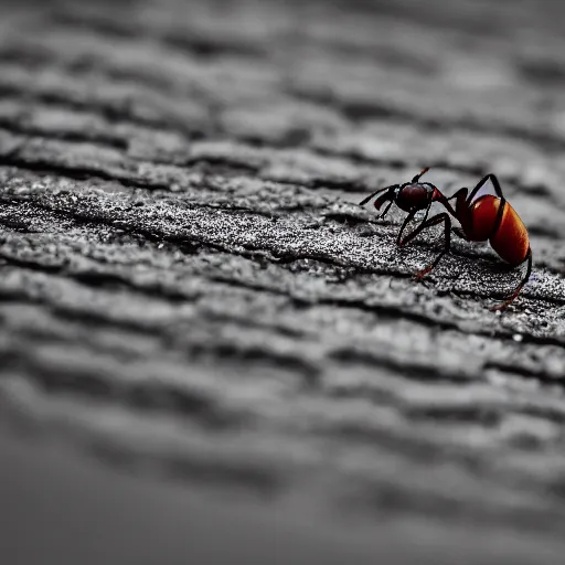 Prompt: macro shot of a very tiny person riding an ant, shallow depth of field, bokeh, Nikon macro 40mm