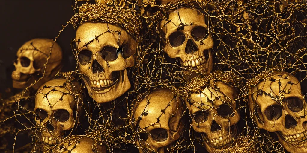 Prompt: a highly detailed realistic photographic render of corpses worshipping a skull statue with crown of thorns made of gold in the style of billelis, billelis , creepy, cinematic lighting, cinematic scene, Volumetric lighting, Atmospheric scene, Dark, Horror, Atmospheric lighting, Global illumination, realistic, photo realism, hyper realistic, hyper realism, photo realisitc, cinematic render, film, beautifully lit, ray traced, octane 3D render, octane render, unreal engine