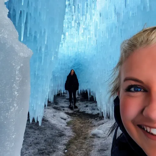Image similar to happy blonde girl in a freezing ice cave with lots of icicles