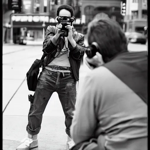 Image similar to young male taking photographs in pittsburgh real life, black and white, 1 9 7 0 s, 8 k, 4 k uhd, realistic, hyper realistic, super detailed, very detailed, detailed