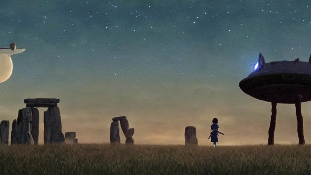 Image similar to a cell shaded cartoon movie still from princess mononoke ( 1 9 9 7 ) showing a giant ufo from independence day ( 1 9 9 6 ) over stonehenge. on a misty and starry night. very dull muted colors, hd, 4 k, hq