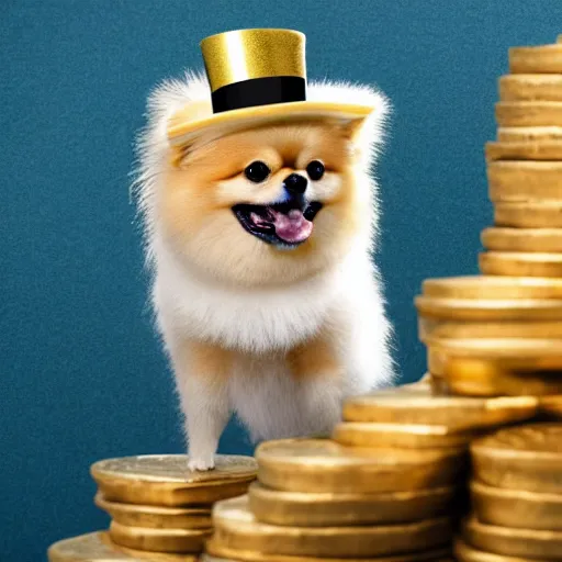 Image similar to A pomeranian wearing a top-hat, sitting on top of a large pile of gold coins