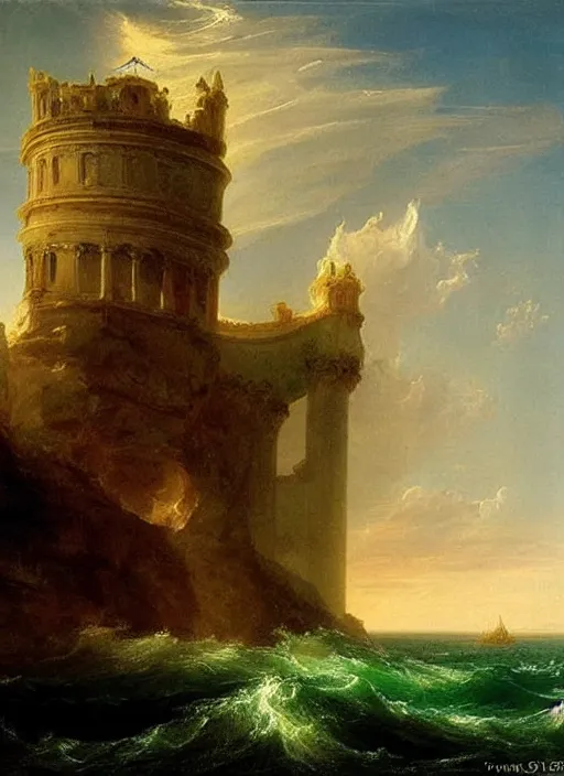 Image similar to a delicate ornate white fantasy tower with pink and green decoration splashes upwards from a turbulent ocean, dramatic lighting, rich colors, beautiful painting by Thomas Cole