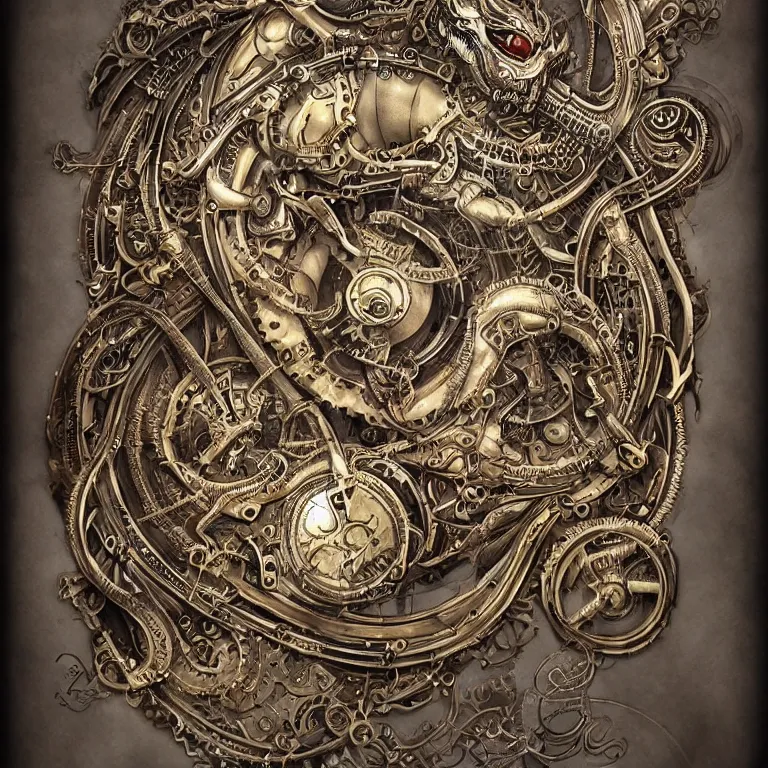 Image similar to ultra realistic illustration of a steampunk mechanical dragon art nouveau filgree scrollwork, masterpiece, sharp