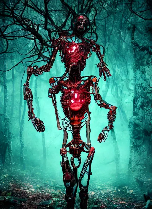 Image similar to a mad small psychedelic surreal horror cyborg in the chaotic spirit forest, bizarre conceptual art, filmic, fulcolor octane render, 1 6 k 4 d, cinematic, ultra - realistic