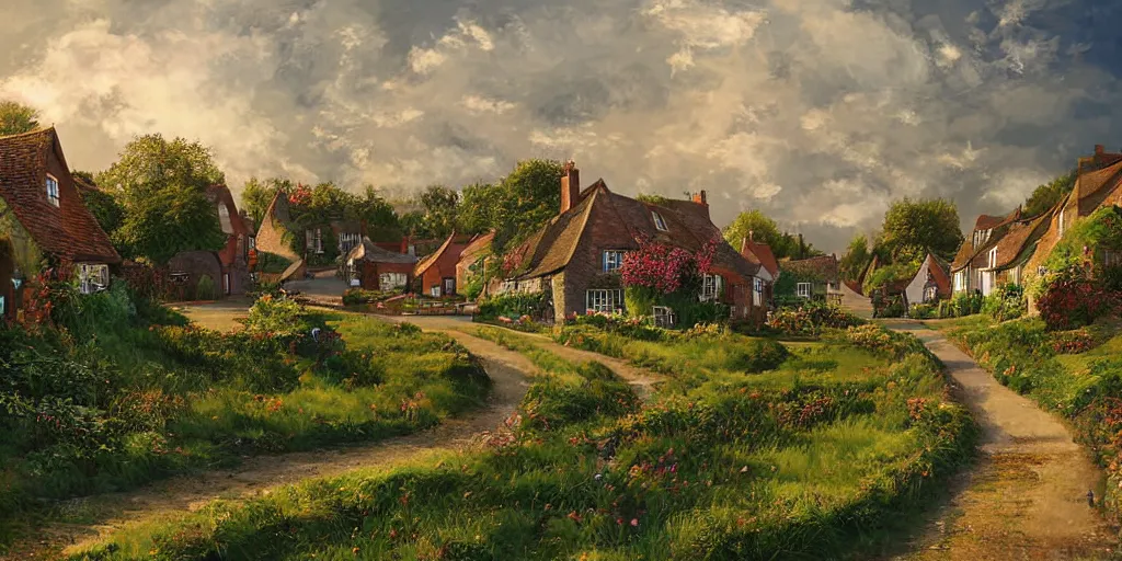 Prompt: curved perspective digital art of a typical english village from midsummer murders from petros afshar