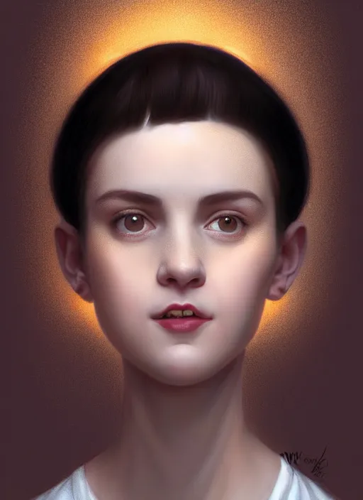 Image similar to portrait of white teenage girl, narrow face, short black hair, bangs, half updo hairstyle, buck teeth, smile, unattractive, defined jawline, long chin, wearing hair bow, earrings, intricate, elegant, glowing lights, highly detailed, digital painting, artstation, sharp focus, illustration, art by wlop, mars ravelo and greg rutkowski