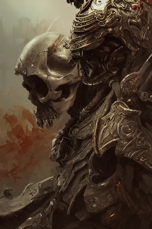 Image similar to concept art skull warrior, close - up portrait, powerfull, intricate, elegant, volumetric lighting, scenery, digital painting, highly detailed, artstation, sharp focus, illustration, concept art, ruan jia, steve mccurry