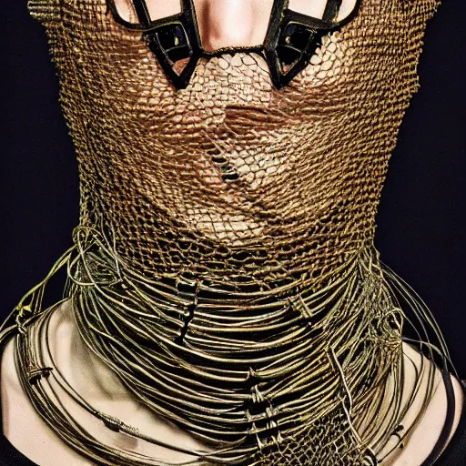 Prompt: a futuristic portrait covered by mask made of wires and nets, necklace made by gauzes twisted around neck, design by leonardo davinci, inspired by egon schiele, modern art, baroque art jewelry, new classic, fashion design, photorealistic, hyper realistic, gothic details, cinematic composition, cinematic lighting, fashion design, concept art, 8 k