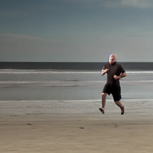 Image similar to Walter White running on the beach, artistic, 8k, cinematic, accurate, symetric, face, dramatic lighting, pastel colours