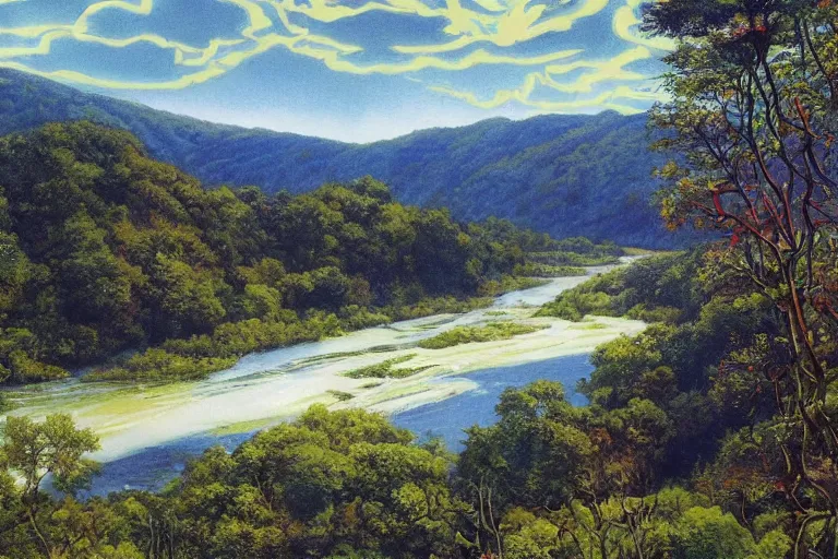 Prompt: two rivers converge to form one larger river, appalachian mixed mesophytic forest, vibrant blue sky background, by Cortes Thurman the greatest Barbizon-influenced comic book artist ever known and by Joe Jusko, rendered in hyperdetailed Ultra HD, trending on ArtStation, luminous