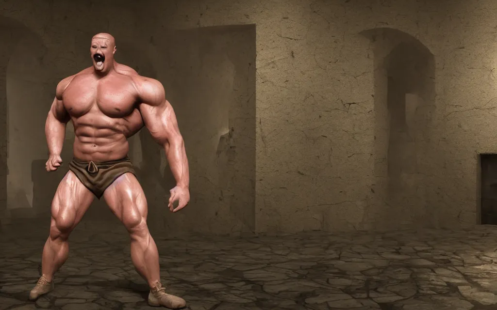 Image similar to muscle man claiming victory over the bodies of his enemies, atmospheric, mist, epic, photorealistic, realistic, rule of thirds, extremely detailed, 4 k, 8 k, unreal engine 5 render, rim lighting, rtx, ray traced lighting, shot on 3 5 mm, film grain, looking through a window frame