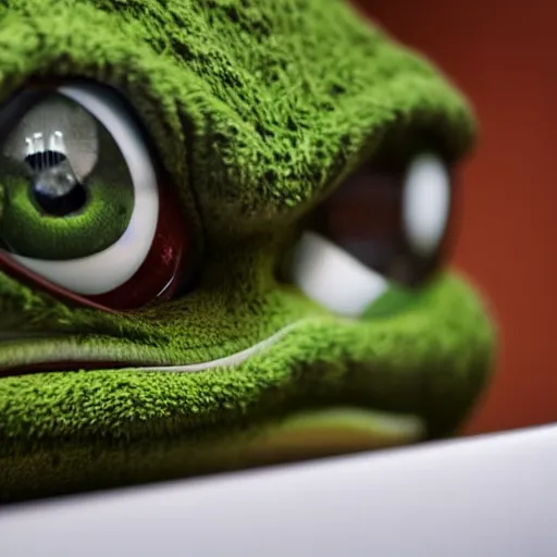 Image similar to closeup potrait of pepe frog behind a laptop in a dark room, screen light, sharp, detailed face, magazine, press, photo, Steve McCurry, David Lazar, Canon, Nikon, focus