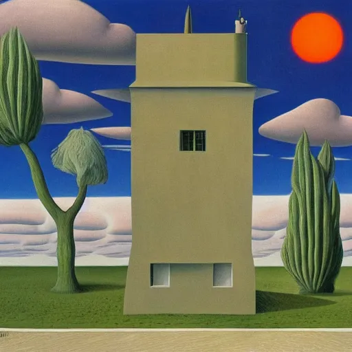 Prompt: A Surreal Landscape by Charles Addams and René Magritte