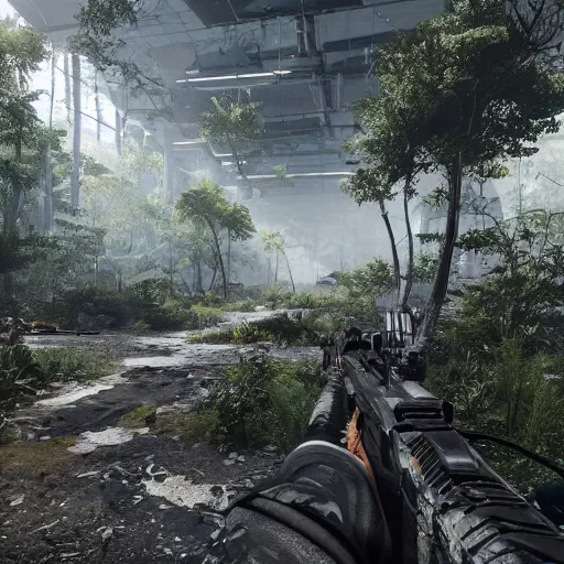 Image similar to screenshot of a new Call of Duty multiplayer map, an aircraft hangar overgrown with vegetation, debris scattered throughout, forest, dramatic lighting, cinematic, Unreal Engine, 8k, render