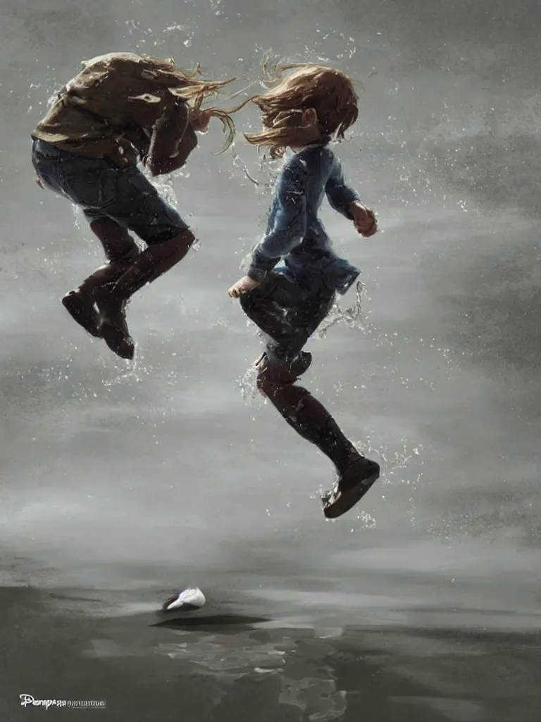 Prompt: jumping in puddles, by disney concept artists, blunt borders, rule of thirds, beautiful light