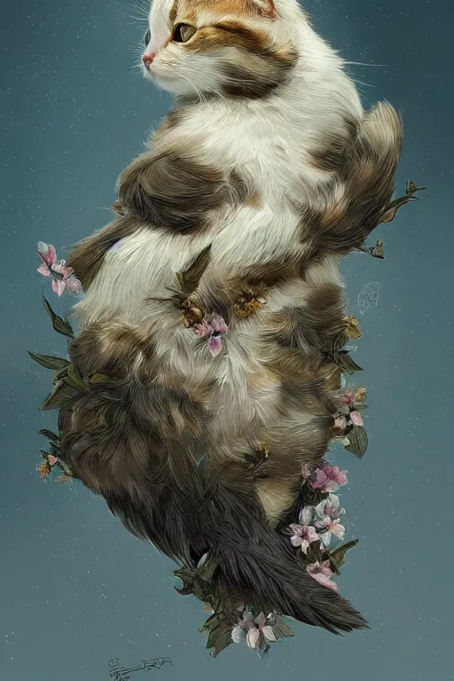 Prompt: beautiful cottagecore cute Kitty-bird hybrid, intricate, elegant, highly detailed, digital painting, artstation, concept art, smooth, sharp focus, illustration, art by artgerm and greg rutkowski and alphonse mucha