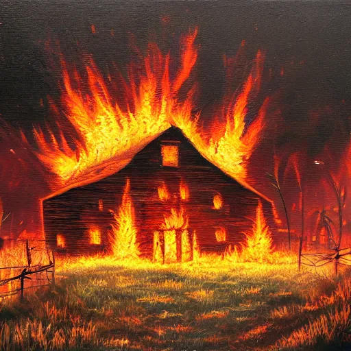 Prompt: burning barn with zombies 4k oil painting