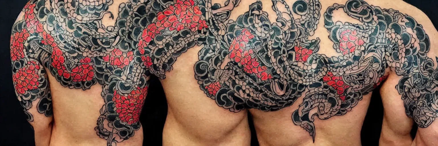 A Frontal portrait of a heavily tattooed Yakuza gang