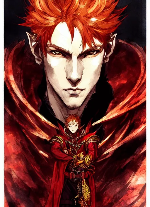 Image similar to Half body portrait of a handsome young red haired elven monk prince with dragon eyes, staff and red and golden ornate dragon robe. In style of Yoji Shinkawa and Hyung-tae Kim, trending on ArtStation, dark fantasy, great composition, concept art, highly detailed.