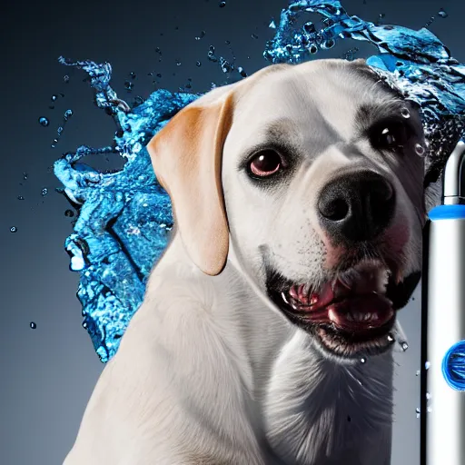 Image similar to a water bottle in the shape of a dog, product photography, 4 k, ultra realistic