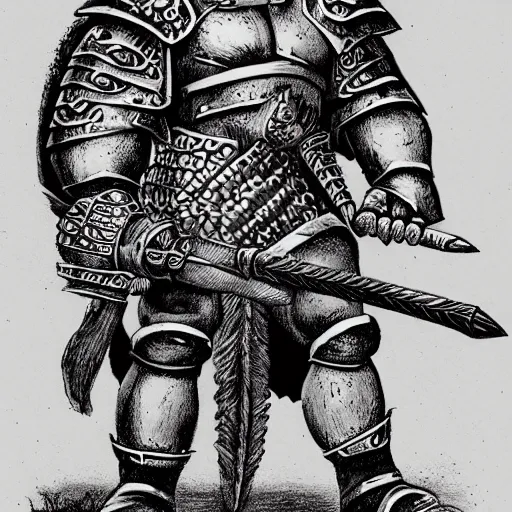 Image similar to ogre warrior wearing plated armor who is holding a battle axe in the style of warhammer fantasy : : head and torso drawing