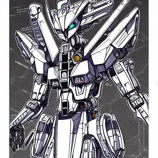 Prompt: vitruvian mecha, isometric concept gundam macross evangelion, illuminated features, ink outlines, detailed hatching, dramatic moonlit lighting, diagram specifications notations, by alex pardee, dan mumford