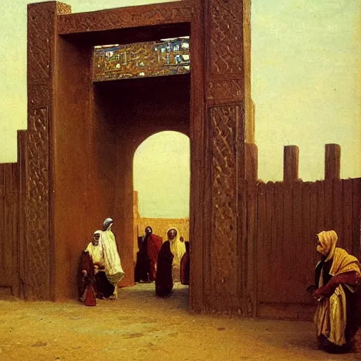 Prompt: gate of Kano in the Sokoto Caliphate Nigeria, 1885, highly detailed, oil on canvas, by Ilya Repin