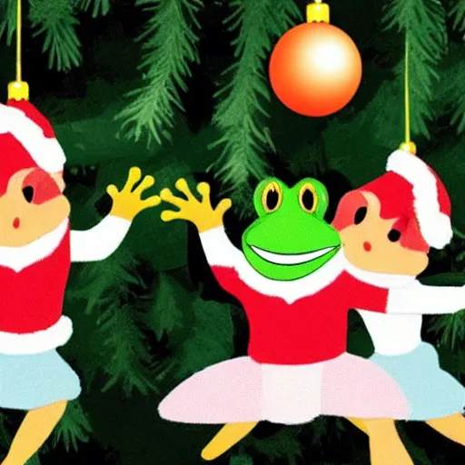 Image similar to two frogs dancing with a pig underneath of a Christmas tree