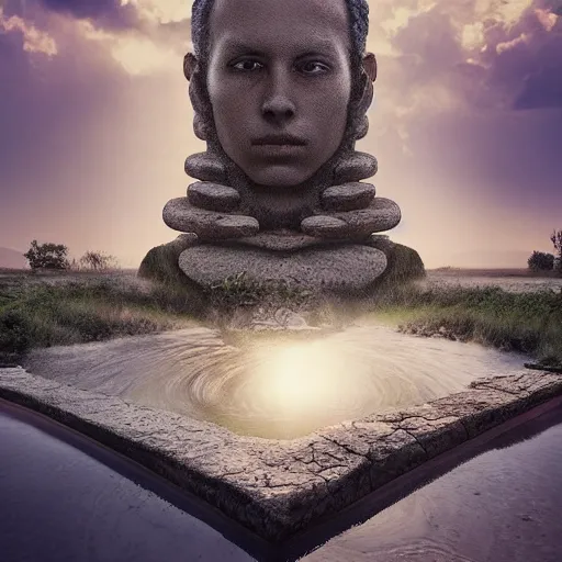 Image similar to 🤪, peter tarka, minimalistic, hyperrealistic surrealism, award winning masterpiece with incredible details, epic stunning, infinity pool, a surreal vaporwave liminal space, highly detailed, trending on ArtStation, artgerm and greg rutkowski and alphonse mucha, daily deviation, IAMAG, broken giant marble head statue ruins, nightscape, milkyway 🤪