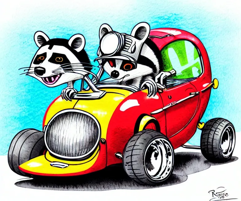 Image similar to cute and funny, racoon wearing a helmet riding in a tiny hot rod coupe with oversized engine, ratfink style by ed roth, centered award winning watercolor pen illustration, isometric illustration by chihiro iwasaki, edited by range murata