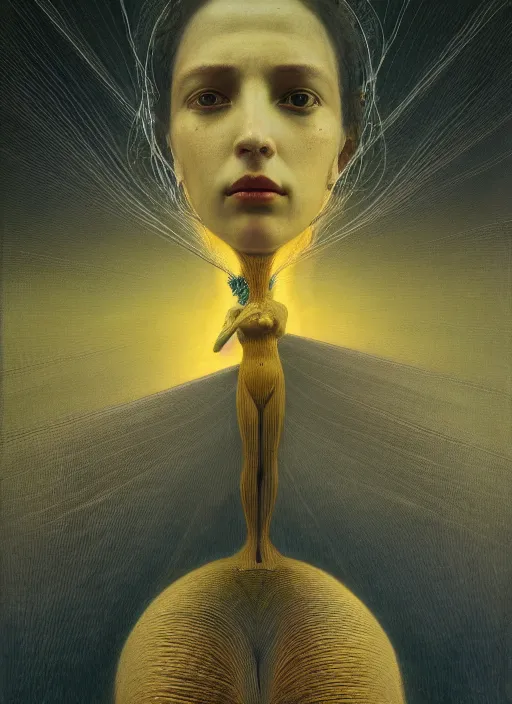Image similar to Woman masterpiece, beautiful eyes, yellow, golden halo behind her head, wires everywhere, by Edgar Maxence and Ross Tran, Zdzisław Beksiński, and Michael Whelan, distant, gustav dore, H.R. Giger, 8k, octane render