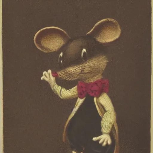 Prompt: a realistic dancing mouse in a victorian costume.