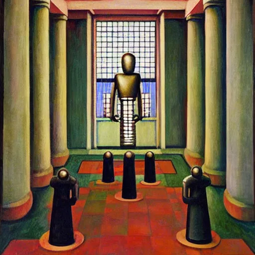 Image similar to robot druids in a grandiose atrium, grant wood, pj crook, edward hopper, oil on canvas